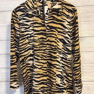 Chico’s Gold & Black Zebra Print Blouse Size 1 Roll-Tab Cotton Shirt